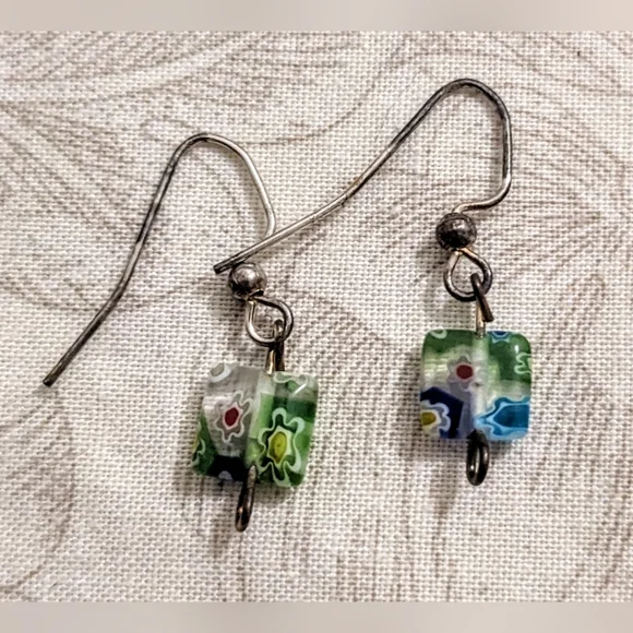 Floral Blue and Green Transparent Cube Bead Hook Earrings - Picture 2 of 3